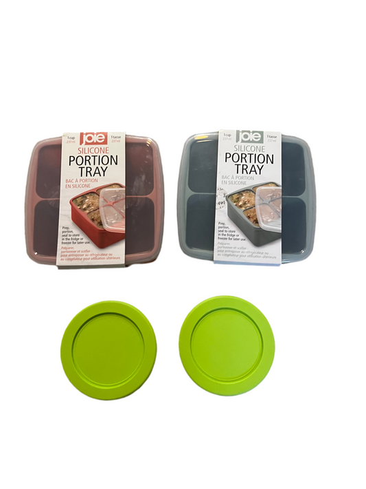 (2) Joie Silicone Portion Tray Heat resistance BPA free, 4 cup tray & two small glass containers
