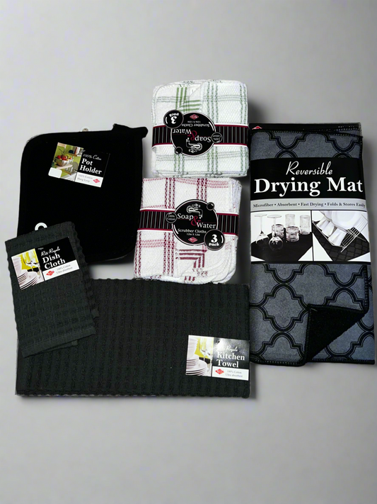 Lot of kitchen towels, pot holders and drying mat