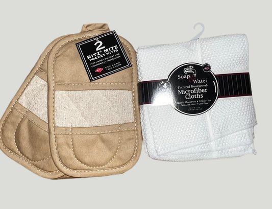 2 pc RITZ Cotton Terry Pot Holder Mitz & 4 pack Ritz White Cotton Bar Mop Dish Cloth
