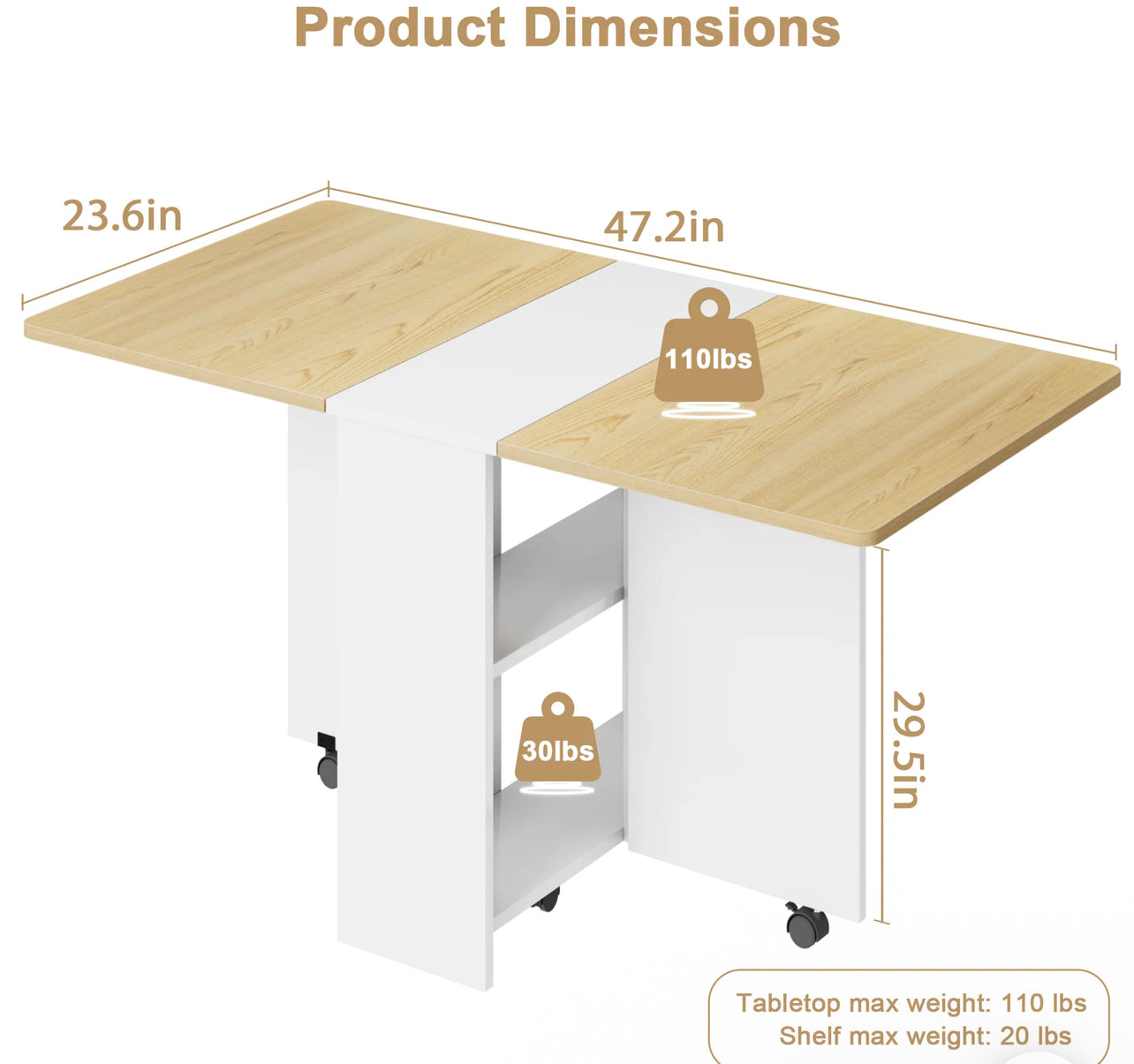 New Folding Dining Table, Drop Leaf Dining Table for 4, Foldable Kitchen Table with 2 Storage Shelf
