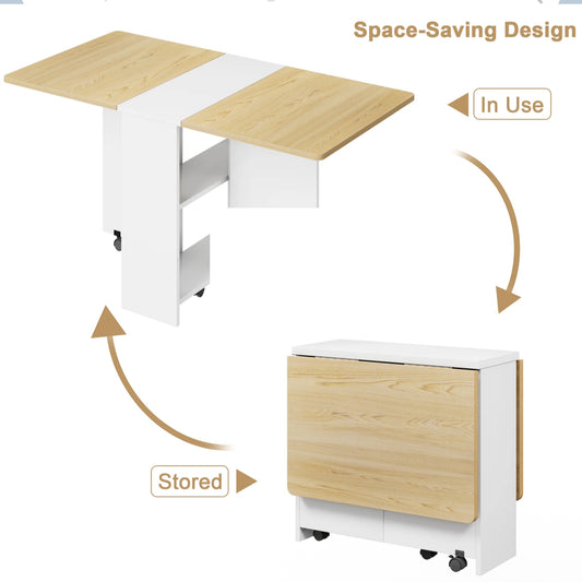 New Folding Dining Table, Drop Leaf Dining Table for 4, Foldable Kitchen Table with 2 Storage Shelf