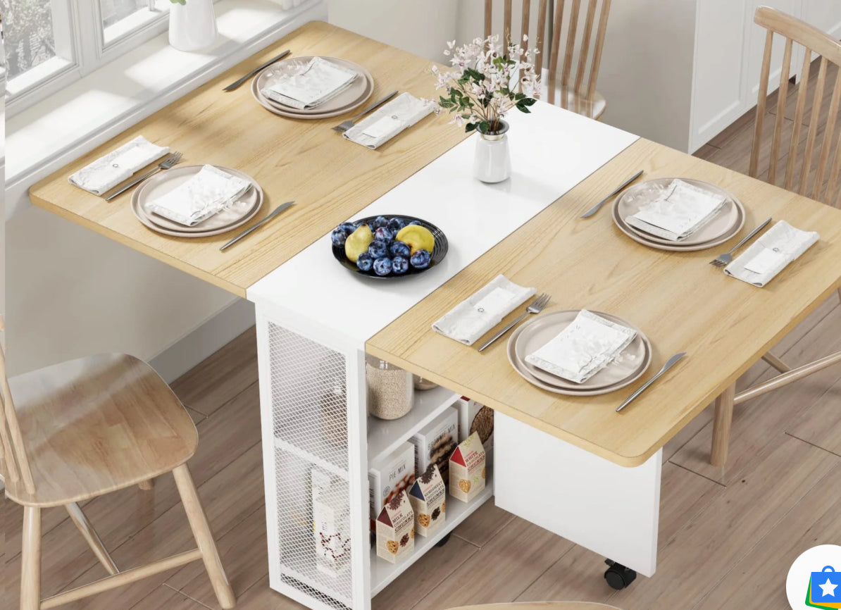 New Folding Dining Table, Drop Leaf Dining Table for 4, Foldable Kitchen Table with 2 Storage Shelf
